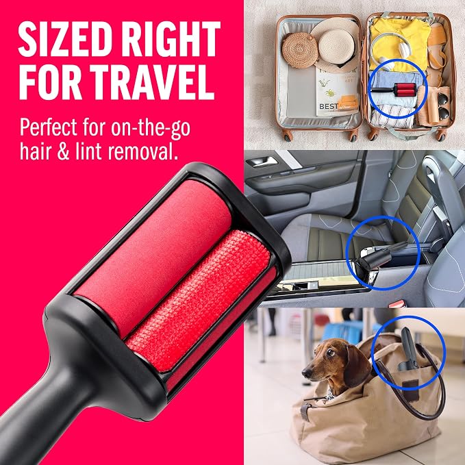 Chom Chom Roller Pet Hair Remover and Reusable Lint Roller, Black ChomChom Roller + Mini Roller, Cat and Dog Fur Hair Remover for Furniture, Couch, Carpet, Clothing and Bedding, Portable for Travel