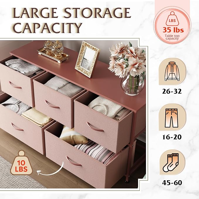 WLIVE Wide Dresser for Bedroom, 5 Drawer Chest of Drawers, Pink | 5 roomy fabric drawers, Wide storage design, Bedroom or closet use, Sturdy steel frame, Smooth wood tabletop