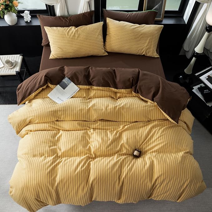 Reversible Duvet Cover Set 100% Washed Cotton Yellow Stripe Linen Feel Duvet Cover Queen Size with Zipper Closure & 2 Pillow Shams, Yellow/Brown Stripe Reverse Solid Brown