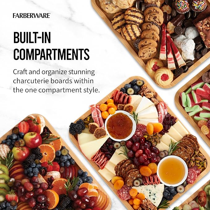 FAREBERWARE Build-A-Board Bamboo Cutting Board with Single Storage Compartment, Clear Locking Lid, Black Handles, Perfect for Charcuterie & Snacks, Pack of 2