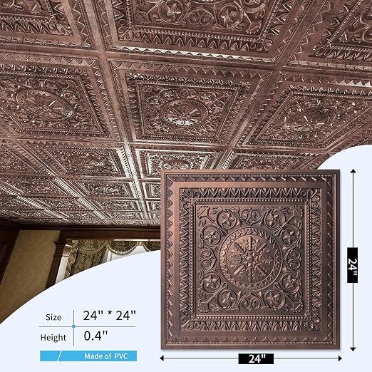 Art3d Drop Ceiling Tiles, Glue up Ceiling Tiles, 2'x2' Plastic Sheet in Antique Copper (24-Pack, 96 Sq.ft)