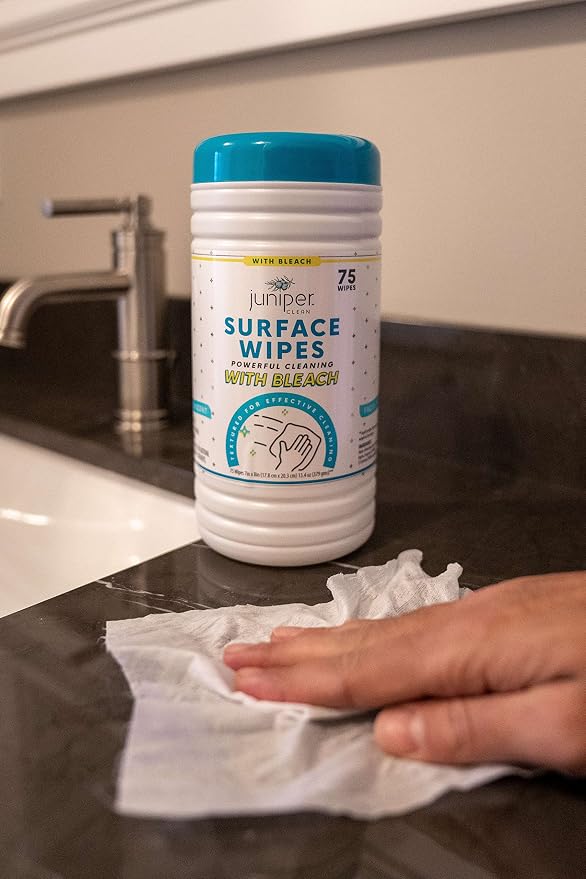 Juniper CLEAN 6 Pack Surface Cleaning Wipes with Bleach, All-Purpose Cleaner for Bathroom, Kitchen, Office, 450 Count Canister, Fresh Scent, 7.5" x 7" Sheet, Lint Free & Durable