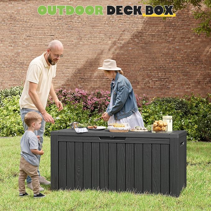 Deck Box, 82 Gallon Resin Indoor and Outdoor Storage Box Waterproof for Garden Tools, Pool Accessories Storage Bench, Patio Furniture and Cushions with Lockable Lid, Black
