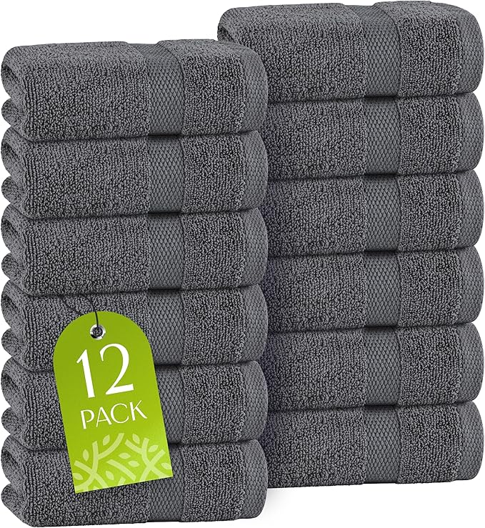 White Classic Dark Gray Washcloths Set for Body and Face Towel, Cotton Wash Cloths Bulk 12 Pack, Spa Fingertip Wash Clothes 12x12 Inch, Soft Absorbent Gym Towels