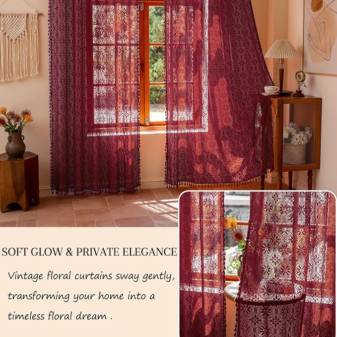 Sutuo Home Burgundy Boho Sheer Curtains 84 inches Long 2 Panels for Bedroom | Red Lace Curtains Cottage Light Filtering Bohemian Farmhouse Vintage Crochet Tassels Victorian Floral Decor Rod Pocket, 50" W
