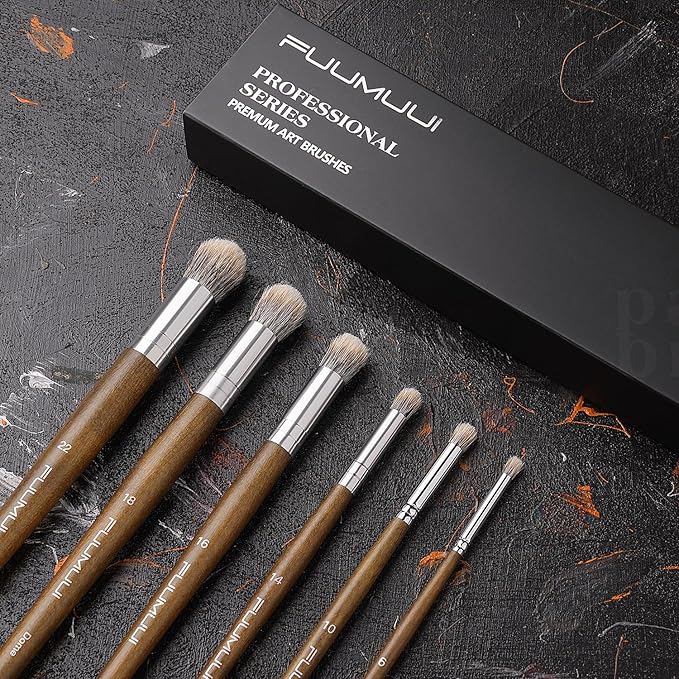 Fuumuui Professional Paint Brush Set, 6Pcs Natural Badger Hair with Dome Shape Blending Mop Oil Paint Brushes for Acrylic Painting Oil and Gouache