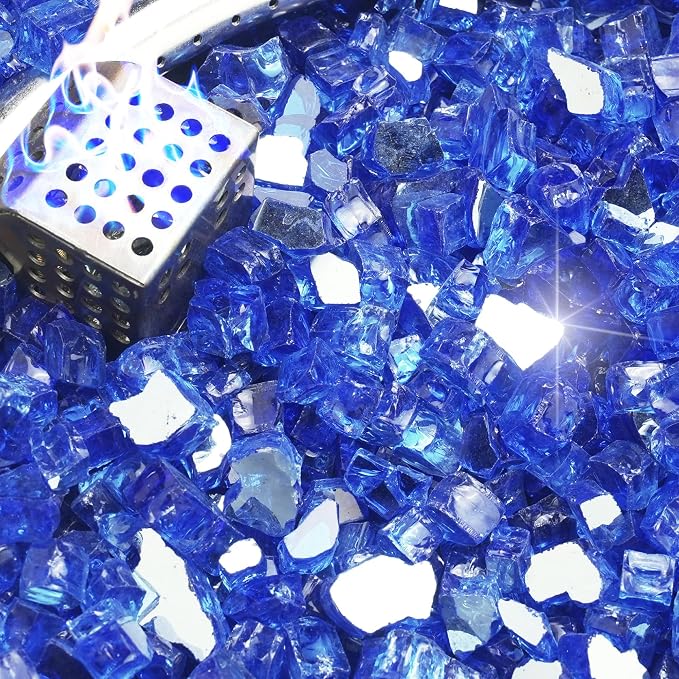 NUPICK 20 Pound Fire Glass, 1/2 Inch Reflective Fire Pit Glass | Tempered Fire Pit Rocks for Propane or Natural Gas, Glass Rocks for Fire Pit Table, Fireplace, Fire Bowl, Landscaping, Blue