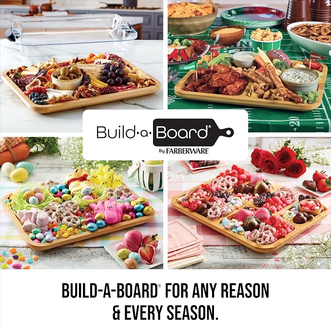 Farberware Build-A-Board Football Bamboo Charcuterie Board with Clear Locking Lid, Reversible Cutting & Serving Board, Recessed Handles, Portable Game Day Snack Tray, 11 x 14 Inch, Make It, Take It