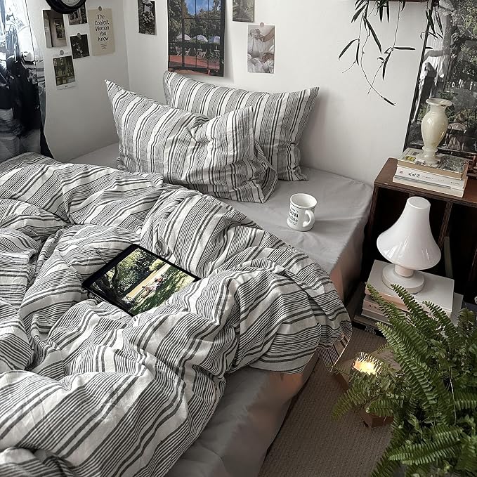 mixinni Washed Cotton Duvet Cover Twin Set - 3 Piece Gray & White Striped Bedding with Pillowcases | Vintage Industrial Style | 100% Cotton Soft Breathable-Twin Size