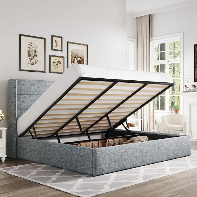 Allewie King Size Lift Up Hydraulic Storage Bed Frame Blue Grey | Modern Wingback Headboard, Hydraulic Support Storage, No Box Spring Needed
