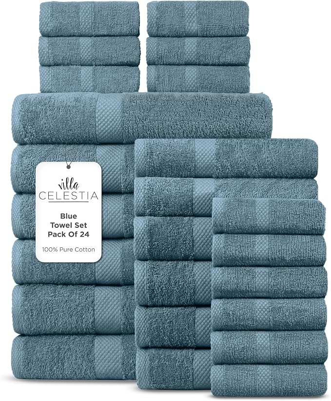 Villa Celestia 100% Cotton Bath Towel Set of 24-6 Bath Towels, 6 Hand Towels, 12 Wash Cloths, Sustainable, Soft, Highly Absorbent, Combed Cotton 24 Piece Set for Hotels, Spa, Bathroom, Dorm, Blue