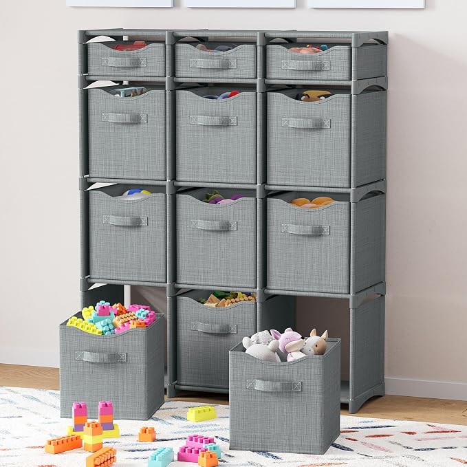 Cube Storage Organizer with 12 Storage Bins Included – Storage Cubes for Home Organization, Toy Storage, Office Storage, Living Room Storage, and General Storage Solution (Grey)
