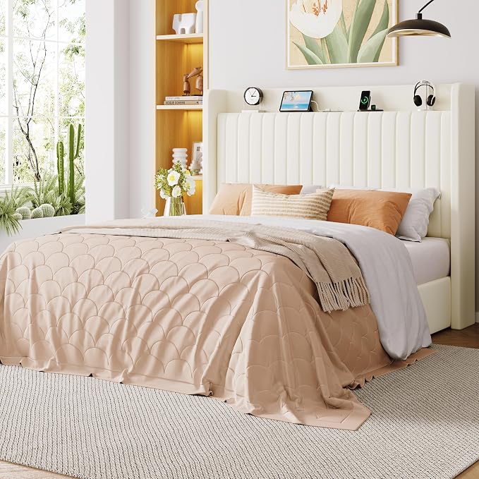 Allewie Queen Lift Up Storage Hydraulic Bed Frame,Charging Station,Cream | Storage Shelf Headboard with Charging Station,Type-C,USB Ports,Hydraulic Support,Velvet Upholstered,No Box Spring Needed