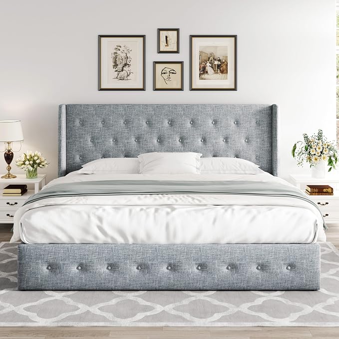 Allewie King Size Lift Up Storage Button-Tufted Bed Frame Blue Grey | Modern Wingback Headboard, Hydraulic Support Storage, No Box Spring Needed