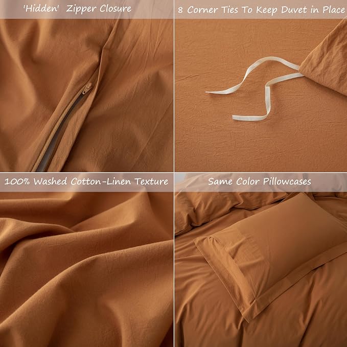 Linen Feel Duvet Cover Queen Size 90inch x 90inch,100% Washed Cotton Duvet Cover with Zipper Closure and 2 Pillowcases, Color of Burnt Orange