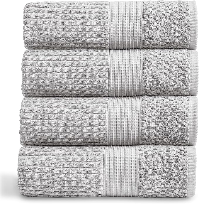 Springtree Home 100% Cotton Bath Towel Set | 4-Pack | Textured | Grey | Absorbent & Quick-Dry Bathroom Towels | Textured and Durable Cotton Towels for Bathroom | OEKO-TEX | Krista Collection