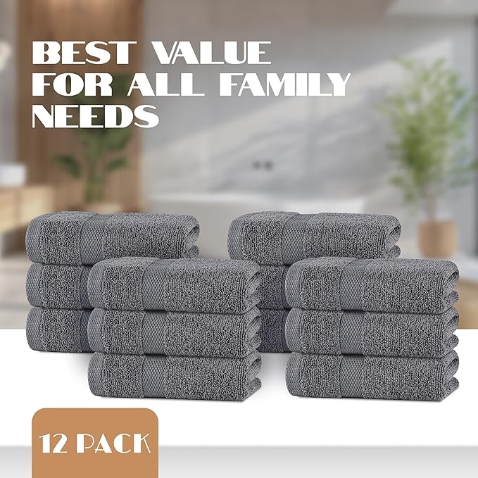 White Classic Wealuxe Grey Hand Towels for Bathroom 12 Pack, Cotton Hand Towel Bulk for Gym, Spa and Salon, Soft Extra Absorbent Quick Dry 16x27 Inch