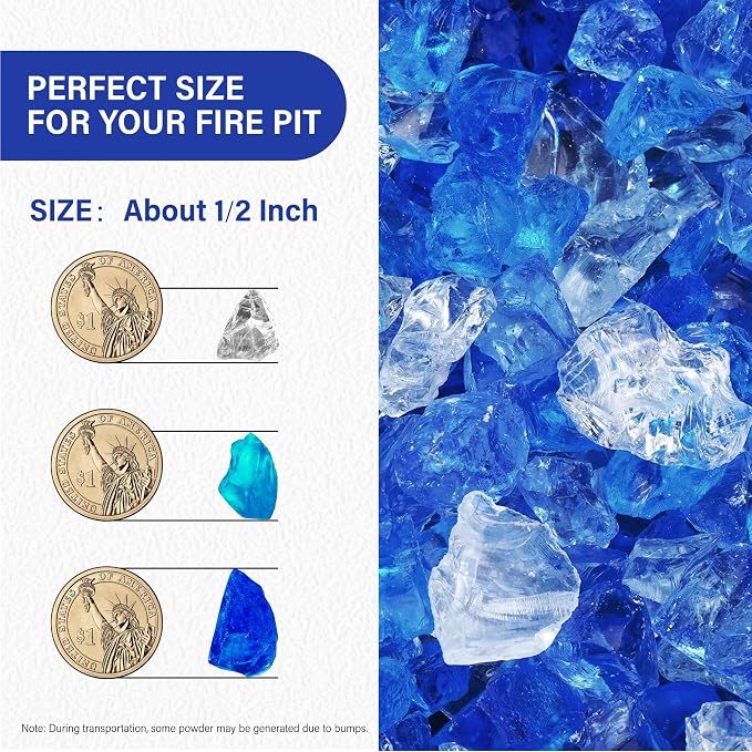 NUPICK 5 Pound Fire Glass, 1/2 Inch Reflective Fire Pit Glass | Tempered Fire Pit Rocks for Propane or Natural Gas, Glass Rocks for Fire Pit Table, Fireplace, Fire Bowl, Blue and White Mix