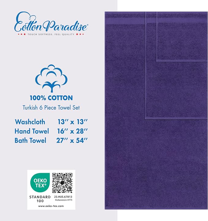 Cotton Paradise 6 Piece Towel Set, 100% Cotton Soft Absorbent Turkish Towels for Bathroom, 2 Bath Towels 2 Hand Towels 2 Washcloths, Purple Towel Set