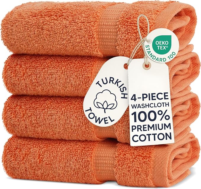 Chakir Turkish Linens 4 Piece Washcloth Set, 100% Cotton Luxury Turkish Washcloths for Bathroom, Soft Absorbent Washcloths, 13 x 13 Inches, Coral