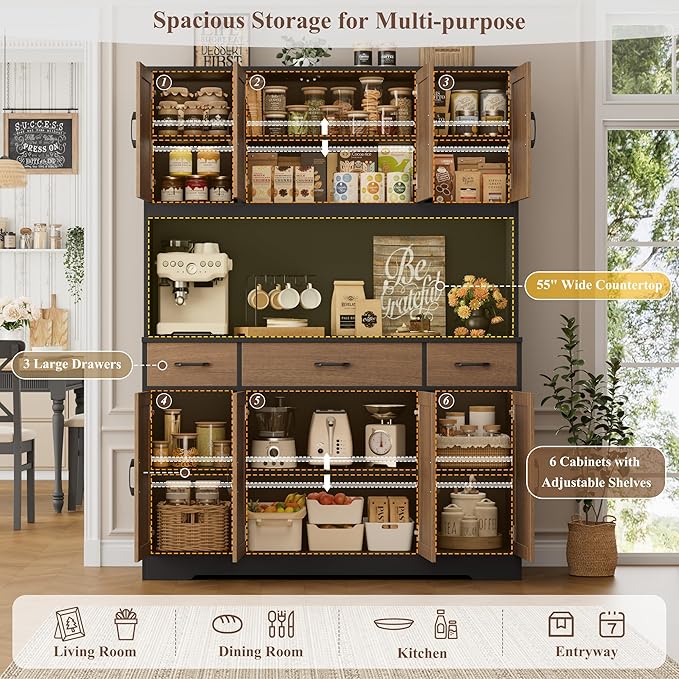 HOSTACK 71" Tall Kitchen Pantry Cabinet, 55" W Kitchen Hutch, Brown/Black | Large Pantry Cabinet with Charging Station / Countertop / 3 Drawers, Farmhouse Hutch Cabinet with Storage for Dining Room