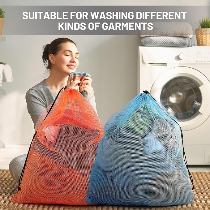 Berlune 18 Pcs 24" x 36" Large Mesh Laundry Bags Colorful Extra Large Laundry Bag Bulk with Drawstring Heavy Duty Mesh Machine Washable Drawstring Pouch