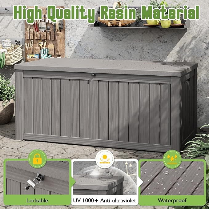 Outdoor Storage Box, 155 Gallon Large Outdoor Resin Deck Box, Storage Waterproof Boxes Lockable Lid for Garden Tools, Pool Supplies, Patio Furniture and Cushions, Grey