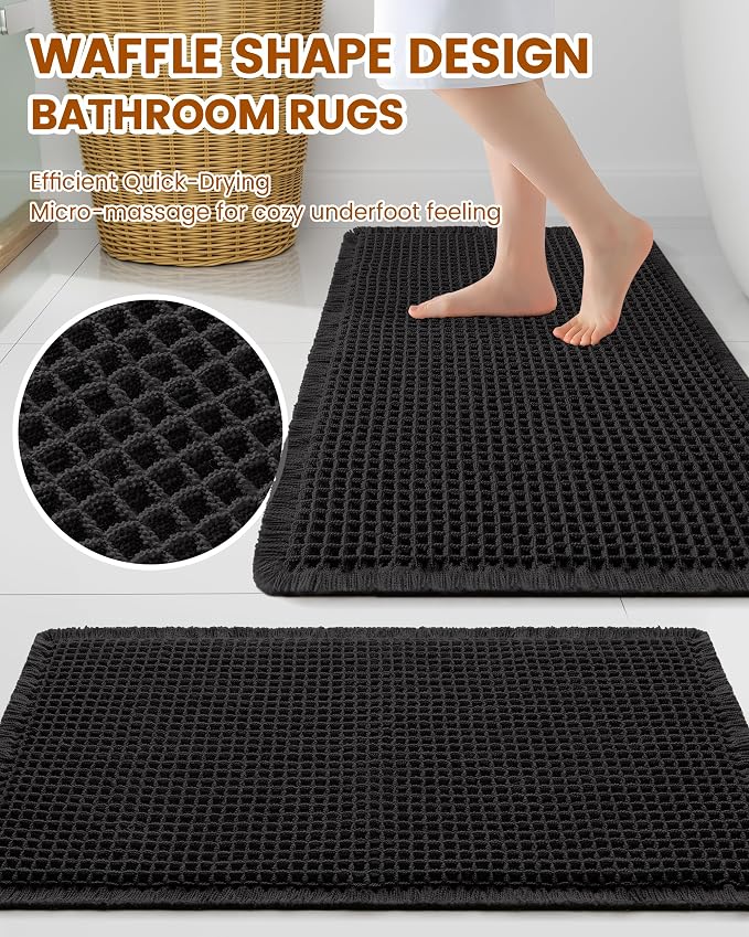 Smiry Waffle Bath Mat 47x24, Extra Soft Absorbent Bathroom Rugs, Non Slip Machine Washable Quick Dry Bath Rugs for Bathroom Floor, Tub, Shower, Home Decor Accessories, Black
