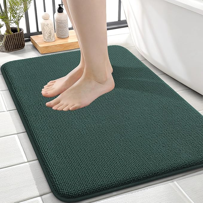 OLANLY Memory Foam Small Bathroom Rugs 24x16, Absorbent Mat, Blackish Green | Soft Quick Dry Bath Mat Rugs, Non-Slip, Machine Washable Mat for Bathroom Floor, Tub and Shower, Home Decor Accessories