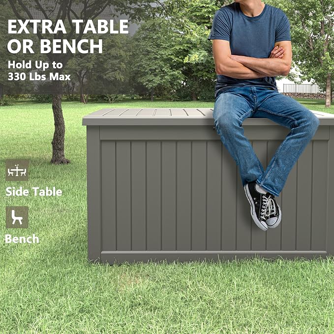 280 Gallon Outdoor Storage Box, Resin Deck Boxes Indoor and outdoor, Waterproof Storage Box Lockable Lid for Garden Tools, Package Delivery, Patio Cushions, Grey