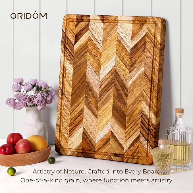 Teak Wood Cutting Board for Kitchen Extra 20'' Large End Grain Heavy Duty Checkered Wooden Cutting Board Non Toxic Herringbone Non Slip Charcuterie Butcher Block Juice Groove Handle Gift Box
