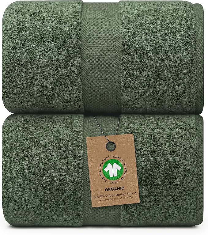 Alusa Home 100% Organic Luxury Bath Sheets - GOTS Certified - Extra Large 35x70 Inches (Pack of 2) Zero-Twist, Long-Staple Cotton Bath Sheet Set (Hunter Green)