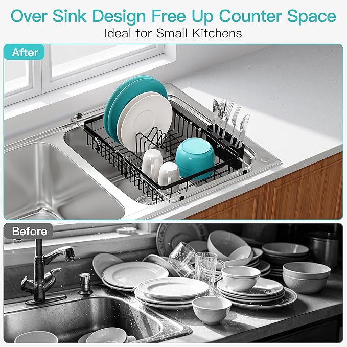 JASIWAY Black Dish Drying Rack Over the Sink with Utensil Holder | Expandable Stainless Steel Dish Driainers for Small Kitchen, Counter Space Saving, Fast Drain, Rust Resistant, For Apartment