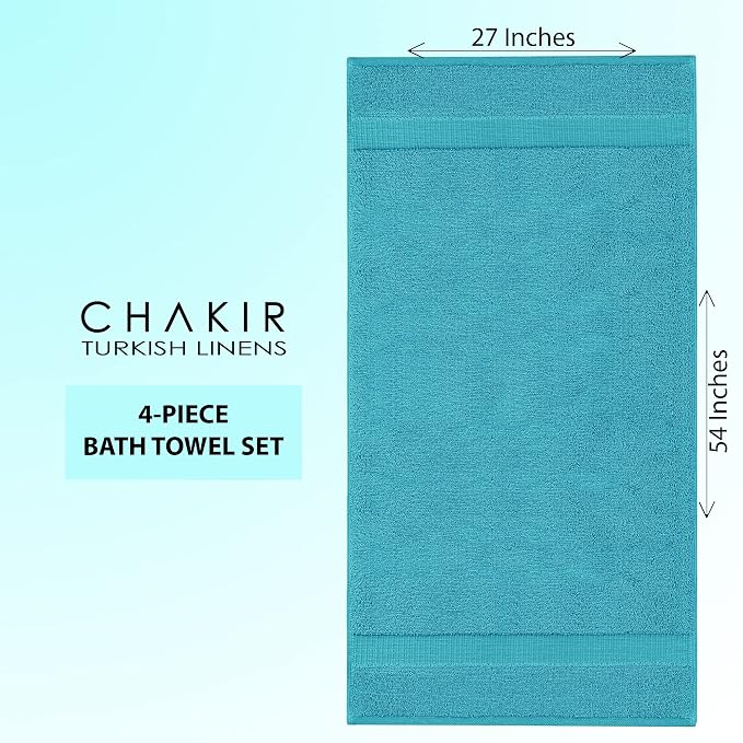 Chakir Turkish Linens 4 Piece Large Bath Towels, 100% Cotton Turkish Towels for Bathroom, Luxury Soft Absorbent Bath Towel Set, 27 x 54 Inches, Aqua