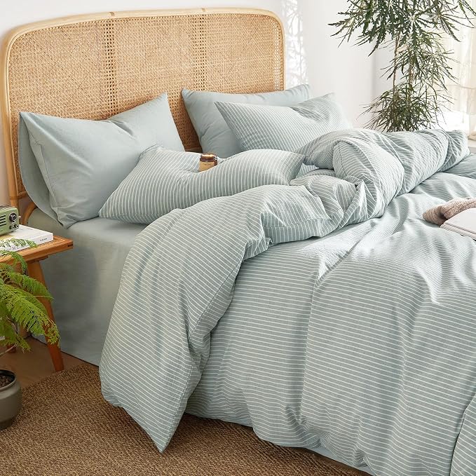 Wake In Cloud - Striped Cotton Duvet Cover Set, 100% Washed Cotton Textured Bedding Set, Ticking Stripe Pinstripe Farmhouse, 3 Pieces, Greyish Blue, Full Size