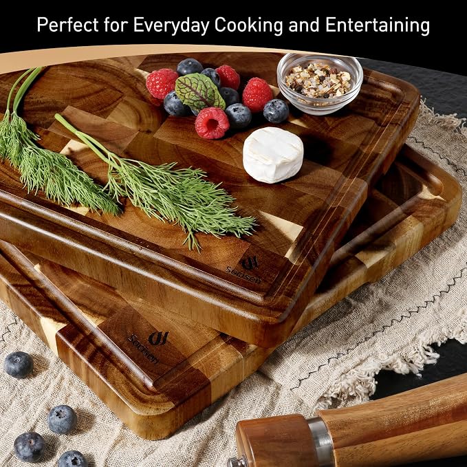 End Grain Cutting Board Set of 2 with Non-slip Feet, Reversible Acacia Wood Cutting Boards for Kitchen with Juice Grooves and Handles Non Toxic Chopping Board Butcher Block Serving Tray Kitchen Gift