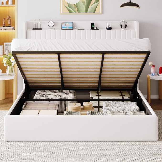 Allewie King Lift Up Storage Hydraulic Bed Frame,Charging Station,White | Storage Shelf Headboard with Charging Station,Type-C,USB Ports,Hydraulic Support,Velvet Upholstered,No Box Spring Needed