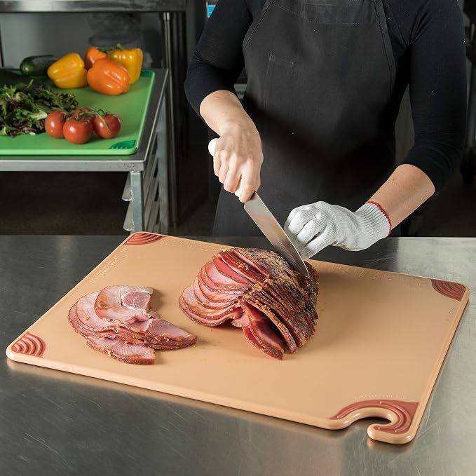 San Jamar Saf-T-Grip Cutting Board With Molded-In Ruler, Plastic Chopping Board for Kitchen, 18" x 24" x 0.5", 6 Count, Brown
