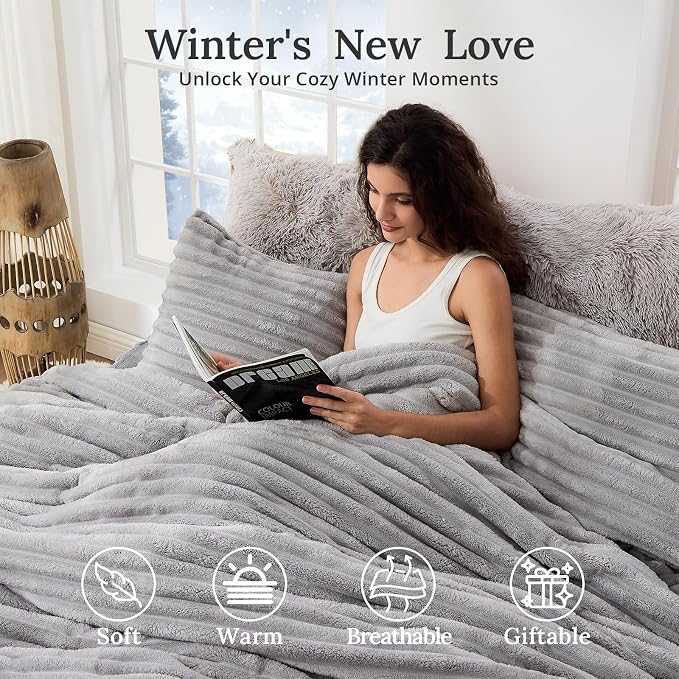 Sasttie Queen Comforter Set 3 Pieces - Super Soft Fleece Comforters Queen Size, 1 Luxury Warm Fuzzy Marshmallow Comforter with 2 Pillow Cases, Faux Fur Down Alternative Bedding Set, Light Grey