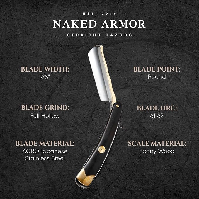 Naked Armor King Arthur Straight Razor Kit, Gold Japanese Stainless Steel | 7-Pc Shave Ready Wet Shaving Kit, 7/8" Barber Straight Edge Razor Set, Strop, Paste, Brush, Soap, Sheath, Box, Gifts for Men