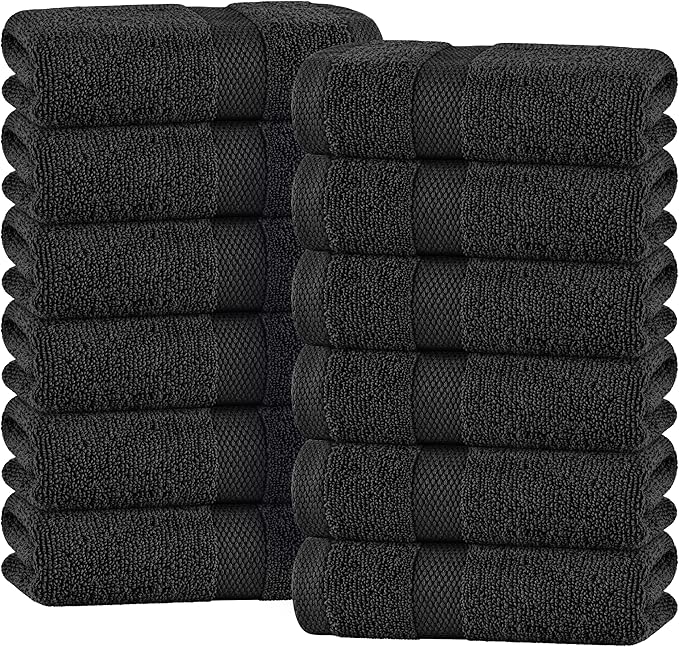 White Classic Black Hand Towels for Bathroom [12 Pack] Cotton Hand Towel Bulk for Gym, Kitchen and Spa, 16x27 Inches Soft Highly Absorbent Quick Dry Terry Salon Towels