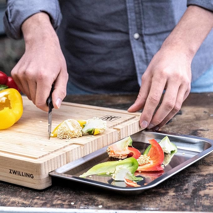 ZWILLING BBQ+ Cutting Board with Stainless Steel Tray, Bamboo Wood, 15.5-inch x 12-inch