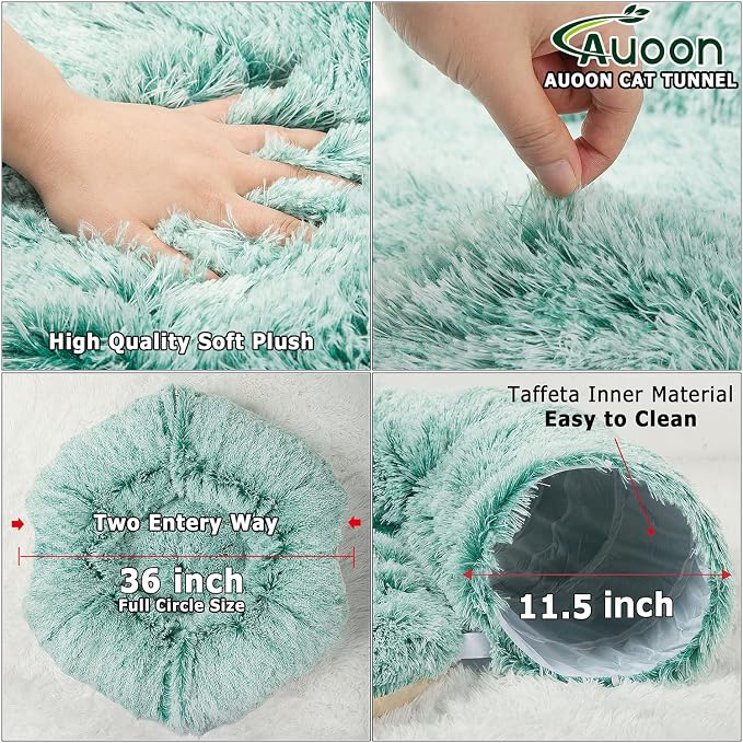 AUOON Plush Cat Tunnel Bed for Indoor Cats, 36" L x 36" W x 11.5" H, Gray | 2 in-1 Interactive Cat Toy, with Hanging Ball Toy, Machine Washable Center Pad, for Kitten Puppy Rabbit Ferret
