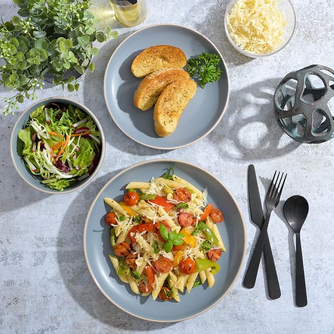 Gibson Home Rockaway 12-Piece Round Stoneware Dinnerware Set, Service for 4 – Blue Plates and Bowls, Microwave & Dishwasher Safe