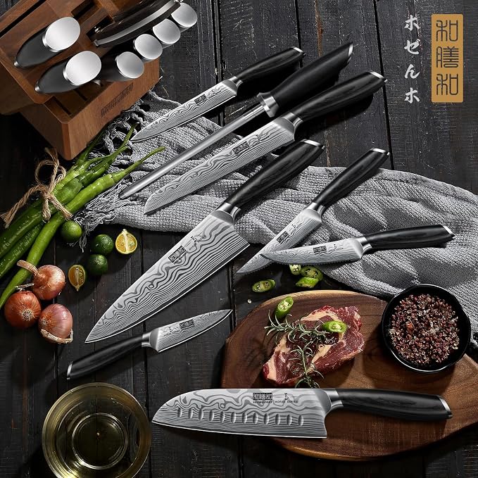 HOSHANHO 16-Piece Knife Set with Block, Ultra Sharp Kitchen Knife Block Set | High Carbon Powder Steel Chef Knife Set, Professional Kitchen Knives Set with Sharpener and Pakkawood Handle, Elegant Box