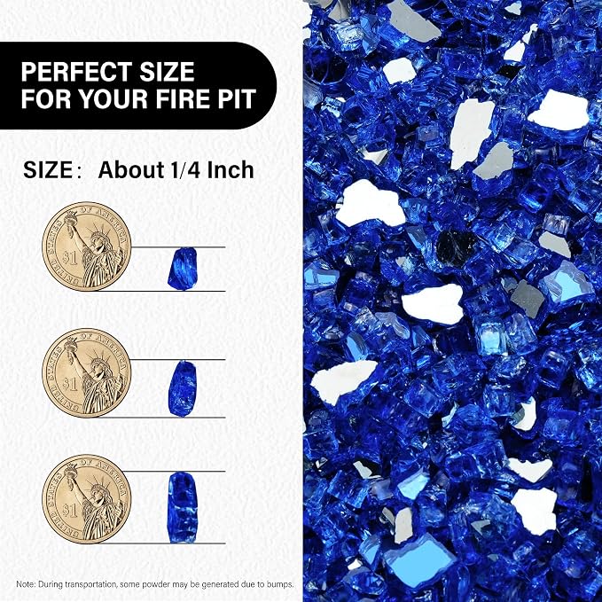 NUPICK 5 Pound Fire Glass, 1/4 Inch Reflective Fire Pit Glass | Tempered Fire Pit Rocks for Propane or Natural Gas, Glass Rocks for Fire Pit Table, Fireplace, Fire Bowl, Landscaping, Blue