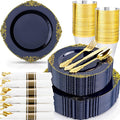 Nervure 350Pcs Blue Plastic Plates - Blue Gold Plastic Dinnerware Sets for 50 Guests - 100 Navy Gold Disposable Plates, 50 Pre Rolled Silverware, 50 Cups Perfect for Wedding & Party & Memorial Day
