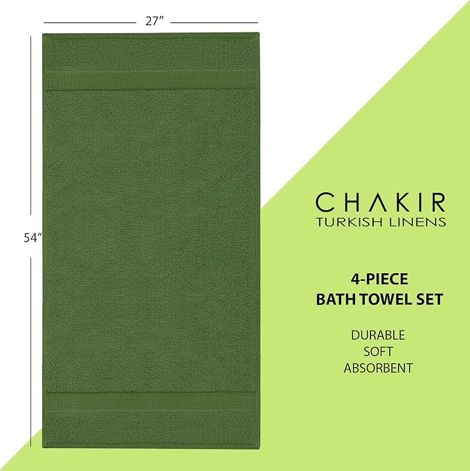 Chakir Turkish Linens 4 Piece Bath Towel Set, 100% Cotton Luxury Turkish Towels for Bathroom, Soft Absorbent Bath Towels, 27 x 54 Inches, Moss