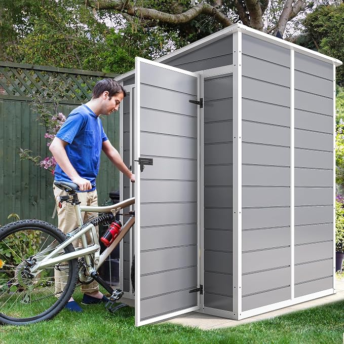 DWVO 5x4 FT Resin Storage Shed with Floor, All-Weather Outdoor Storage Shed with Lockable Door & Window, Waterproof Plastic Tool Shed for Garden, Backyard, Patio, Lawn, Gray