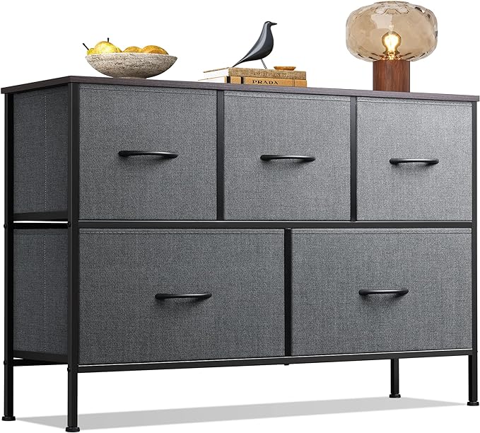 WLIVE 5 Drawer Dresser for Bedroom, Wide Chest of Drawers, Dark Grey | 5 roomy fabric drawers, Wide low-profile design, Bedroom or closet use, Sturdy steel frame, Smooth wood tabletop